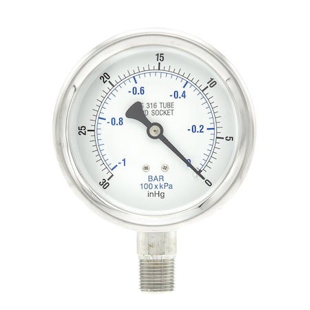 Pic Gauges 4 in Dial, 1/2 in NPT Male Lower Location, Stainless Steel Case Material PRO-301D-402A-01
